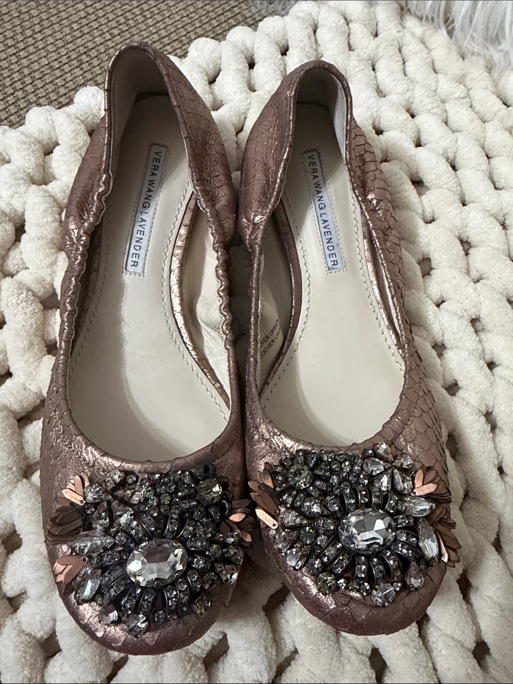 Vera Wang Lavender Label Metallic Rose Ballet Flats with Crystal Embellishment